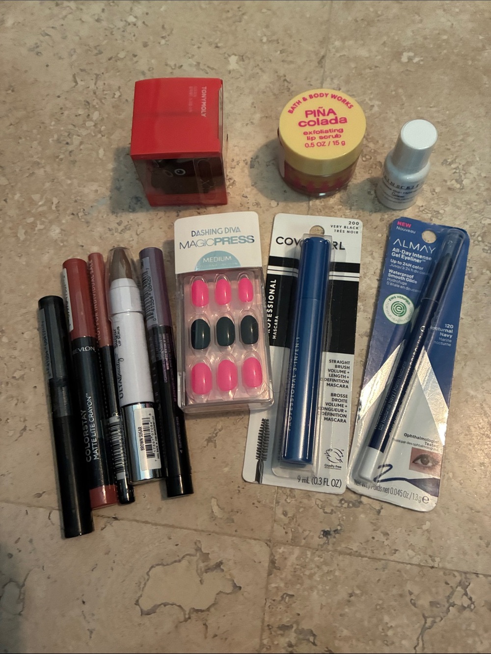 Maybelline & Assorted Makeup Set with Bright Pink and Black Press-On Nails